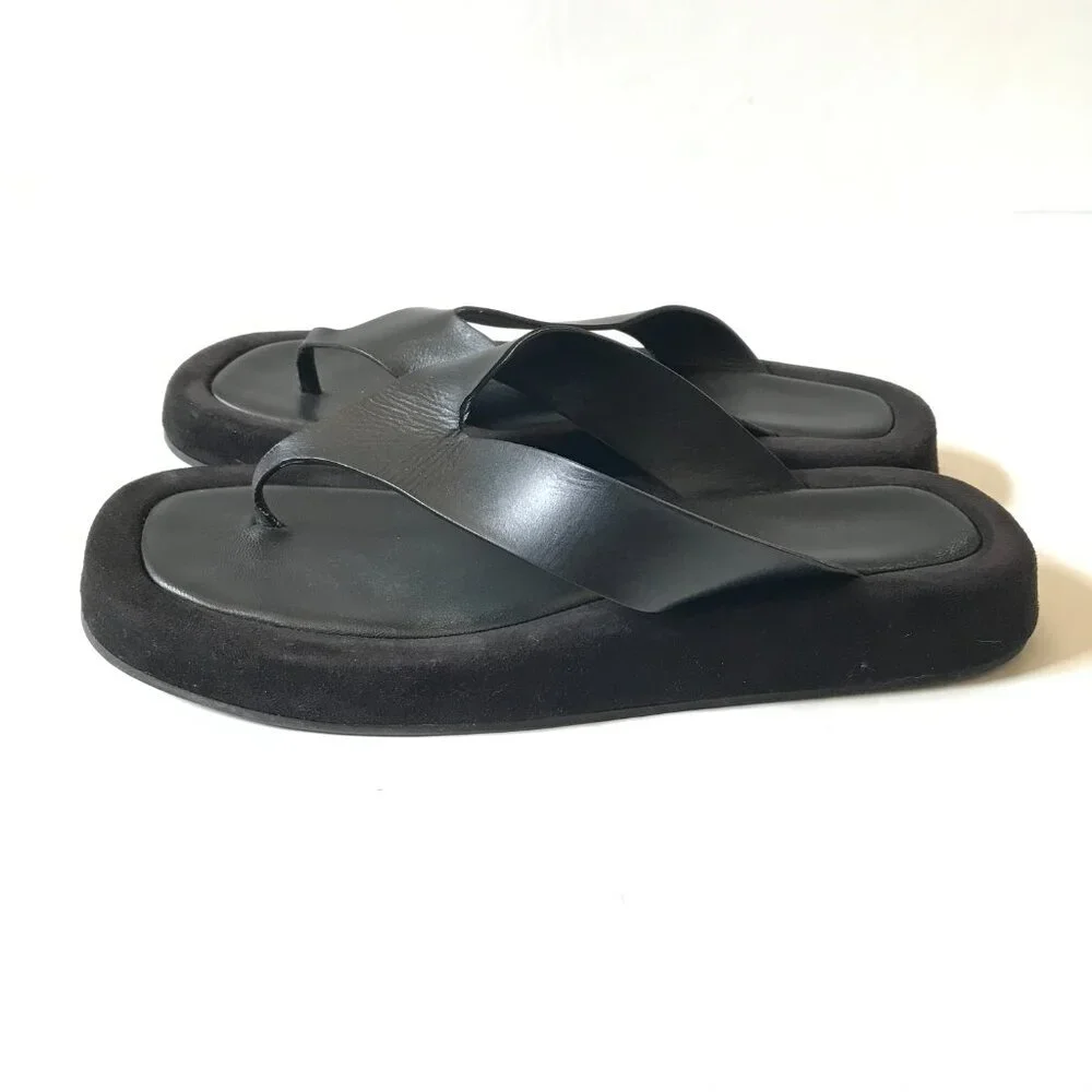 The ROW Ginza Leather Platform Sandals Flip Flops Womens 41.5 11.5 Black Suede - Picture 8 of 14